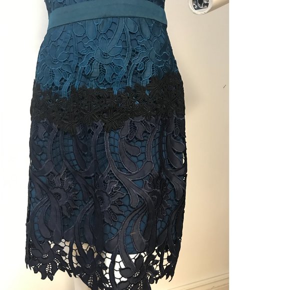 Rare Le Chateau laser cut crochet floral lace embroidery emerald teal blue dress - Picture 9 of 11